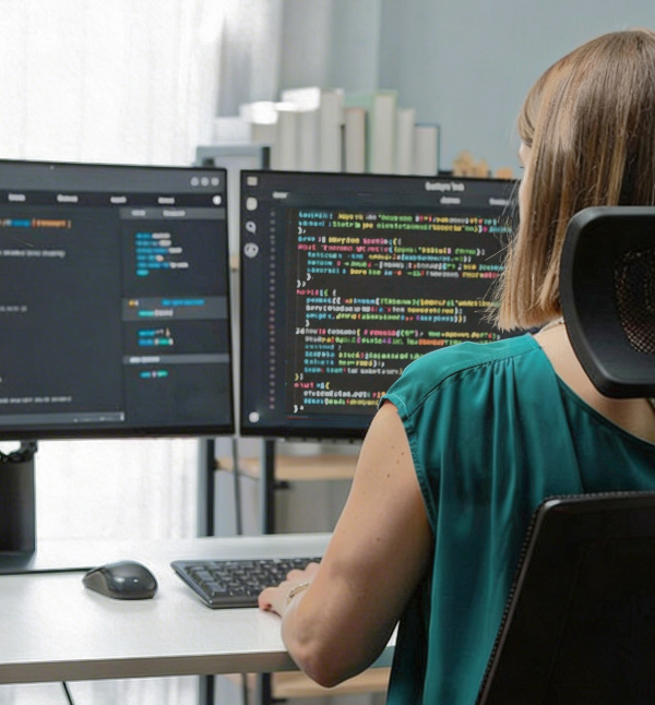 Barbora sitting in front of two screens, coding